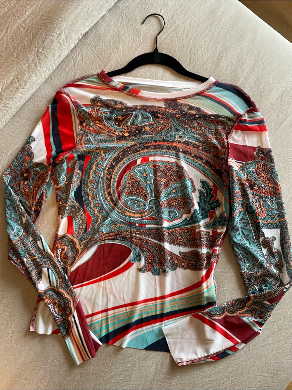 SHEIN Multicolor Paisley Long-Sleeve Tee in Red, Teal & White